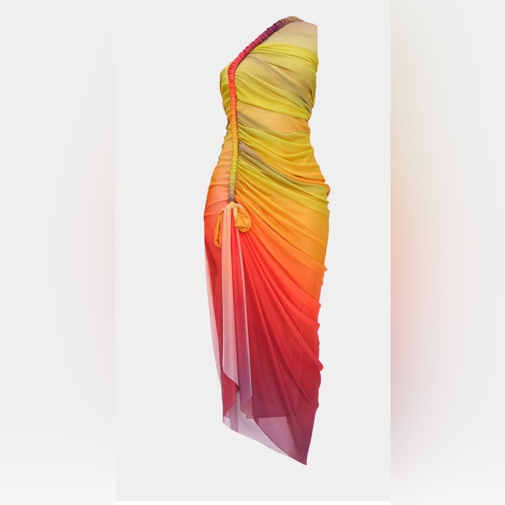 Ombre Print Twist Mesh One Shoulder Sleeveless Midi Dress